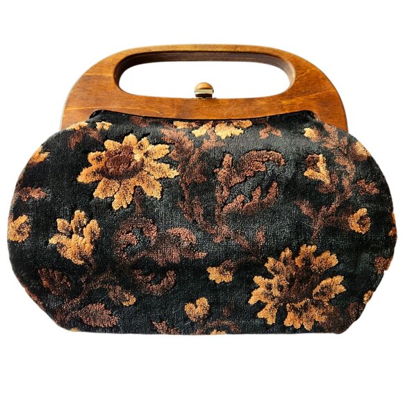 Vintage Floral Tapestry Handbag With Wooden Handle & Brass Clasp Closure - Picture 1 of 16